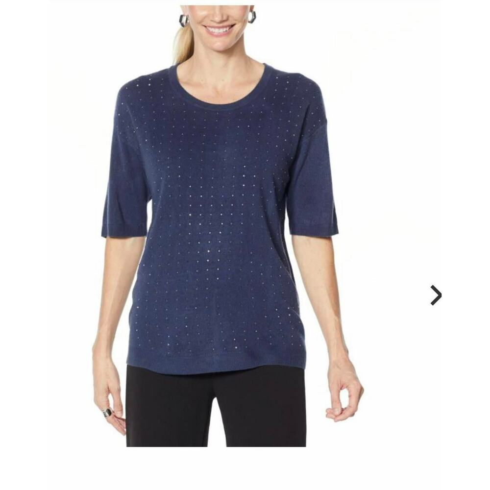 Antthony Extended Shoulder Sweater with Rhinestones 726-489 Midnight Blue 2X NEW